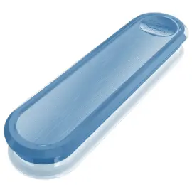 Bo&icirc;te plastique contenant fourchette, couteau et petite cuill&egrave;re. Bleu 