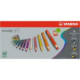 Crayon en bois gros module WOODY - mine 10mm - multi surfaces - 1 taille-crayon inclus - coloris assortis - lot de 18 