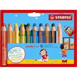 Crayon en bois gros module WOODY - mine 10mm - multi surfaces - 1 taille-crayon inclus - coloris assortis - lot de 10 