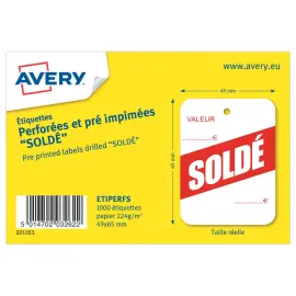 1000 Etiquettes perfor&eacute;es pr&eacute;-imprim&eacute;es "sold&eacute;" 49x65 mm 1000&eacute;tiq/bo&icirc;te 