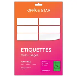 50 planches &eacute;tiquettes L70xH37mm, 1200 &eacute;tiq/ bo&icirc;te, vert 