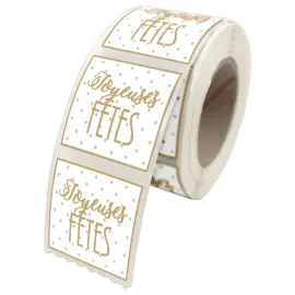 Rouleau de 500 &eacute;tiquettes fantaisie "Joyeuses F&ecirc;tes" 4x3,5cm 