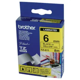 Ruban pour titreuse TZe 611 - 8m x 6 mm - Texte noir sur fond jaune - Brother 