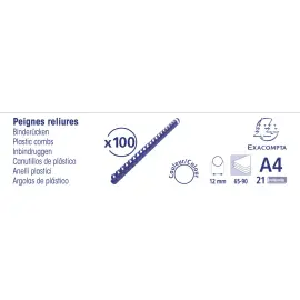 Boite 100 reliures spirales plastique 12mm - Noir - EXACOMPTA 