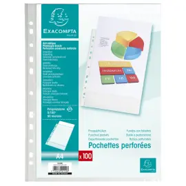 Sachet de 100 pochettes perfor&eacute;es polypropyl&egrave;ne grain&eacute; 5/100e - A4 - Cristal - Exacompta 