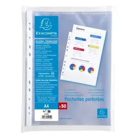 Sachet de 50 pochettes perfor&eacute;es polypropyl&egrave;ne lisse 6/100e - A4 - Cristal - Exacompta 