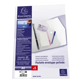 Sachet de 5 pochettes-enveloppes perfor&eacute;es polypropyl&egrave;ne - A4 - Incolore - Exacompta 