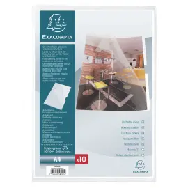 Sachet de 10 pochettes coin avec encoches polypropyl&egrave;ne lisse rigide Haute Qualit&eacute; 20/100e - A4 - Cristal - Exacompta 