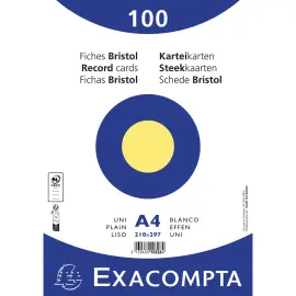 Paquet 100 fiches sous film - bristol uni non perfor&eacute; 210x297mm - Jaune - EXACOMPTA 