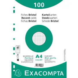 Paquet 100 fiches sous film - bristol quadrill&eacute; 5x5 perfor&eacute;- 210x297mm - Blanc - EXACOMPTA 