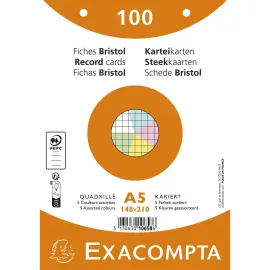 Paquet 100 fiches sous film - bristol quadrill&eacute; 5x5 perfor&eacute; - 148x210mm - Couleurs assorties - EXACOMPTA 