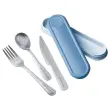 Boîte plastique contenant fourchette, couteau et petite cuillère. Bleu