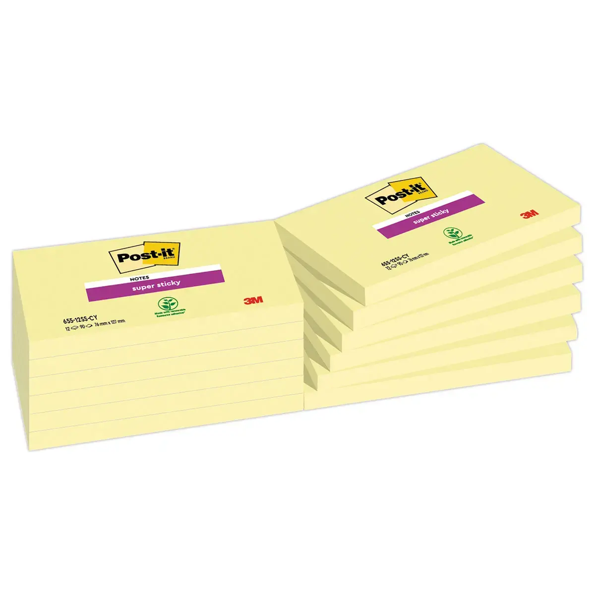 12 Blocs de 90 notes repositionnables Super Sticky - Jaune pastel - 7,6 x 12,7 cm - POST-IT