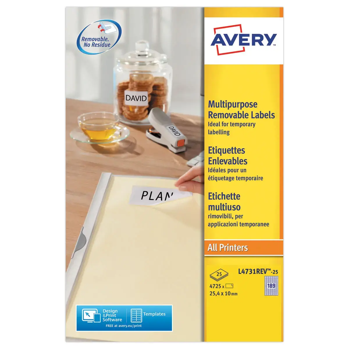 25 planches de 189 &eacute;tiquettes blanches enlevables - 25,4x10mm - AVERY 