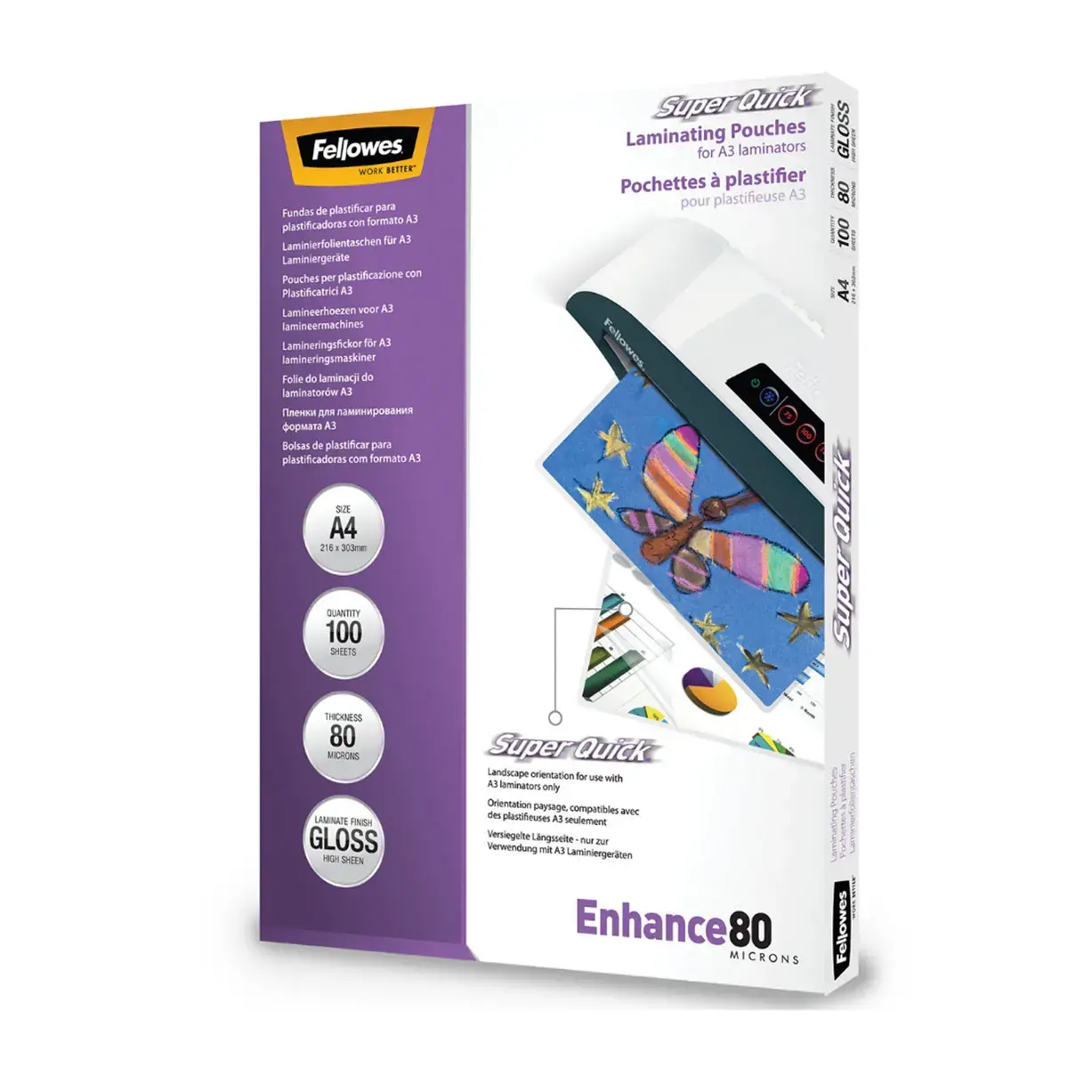 100 Pochettes de plastification SuperQuick brillantes - A4 - 80 microns - Fellowes