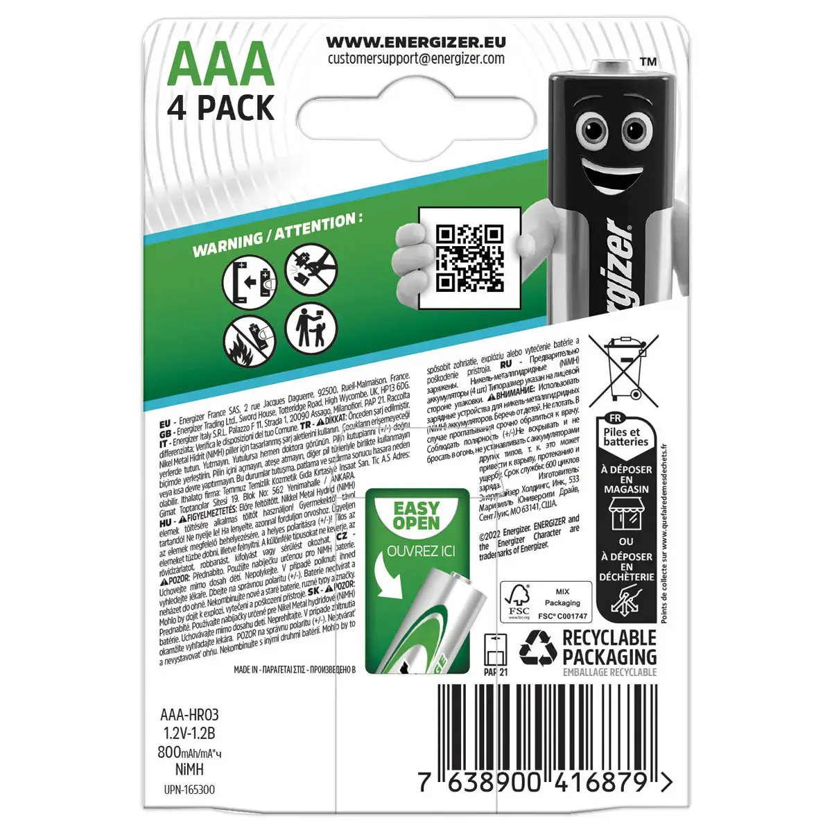 4 piles rechargeables Power Plus HR3 (AAA) - 1,2 Volts - ENERGIZER 