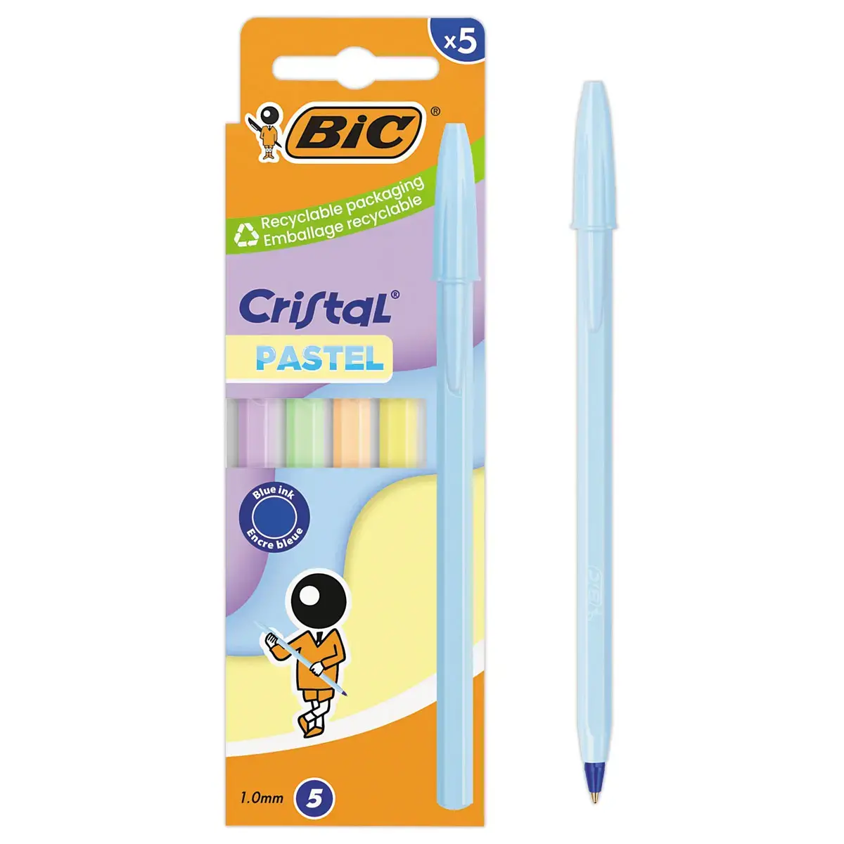 5 Stylos billes Cristal - Pointe moyenne 0,6mm - Coloris pastels - BIC