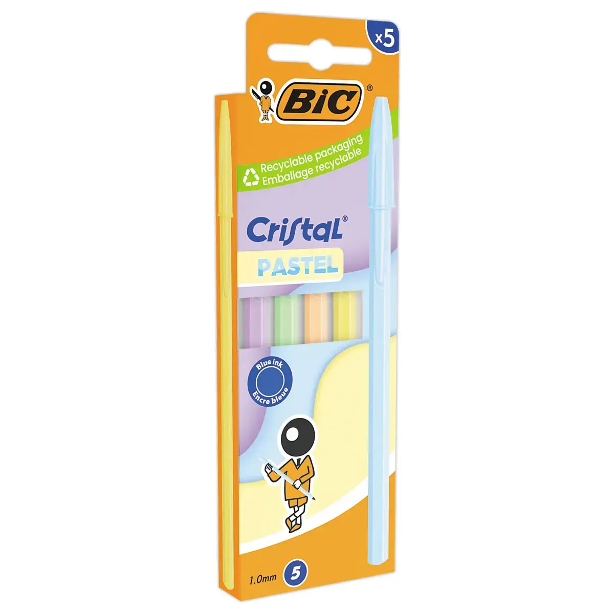 5 Stylos billes Cristal - Pointe moyenne 0,6mm - Coloris pastels - BIC