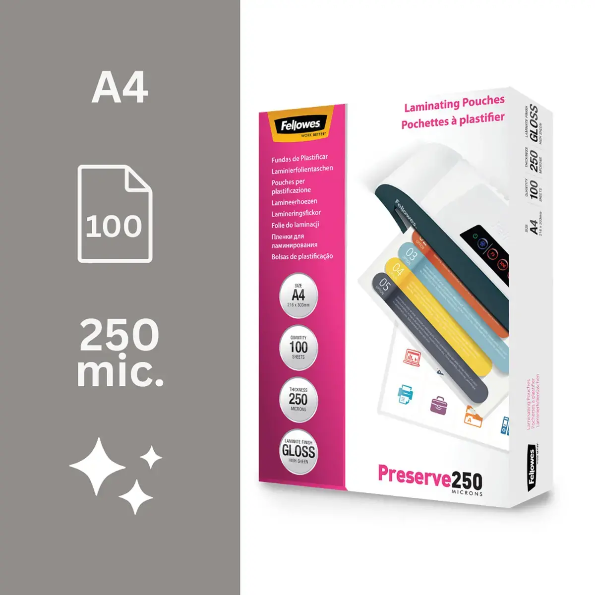 100 Pochettes de plastification brillantes A4 - 250 µ - Fellowes