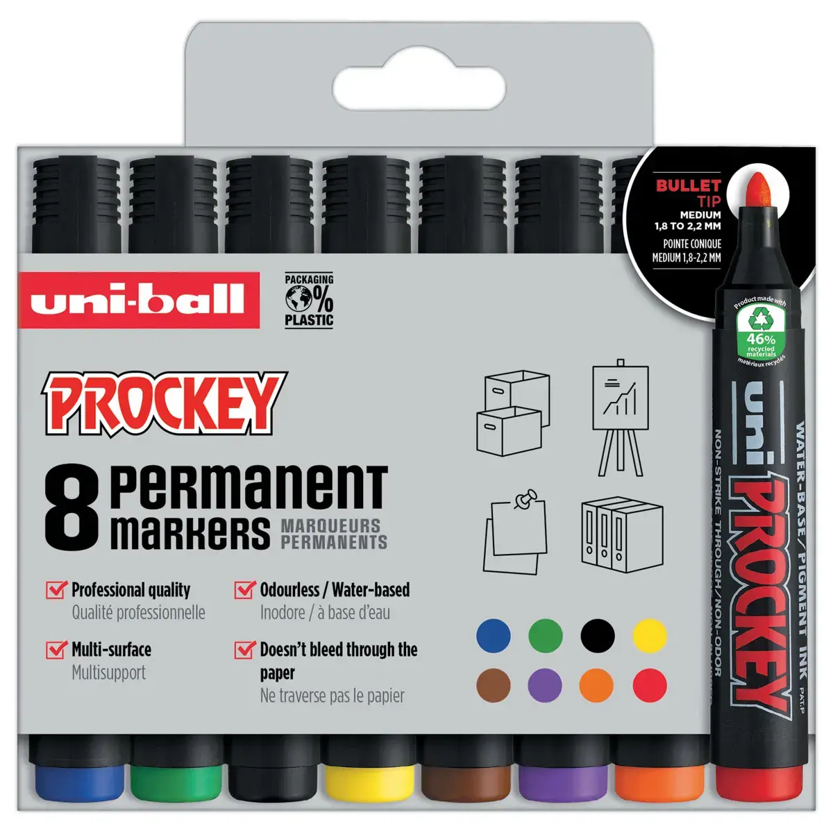 8 Marqueurs permanents - Pointe ogive 2 mm - Coloris assortis - UNI BALL