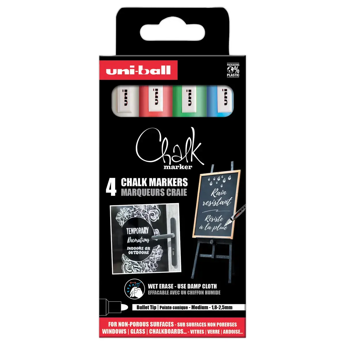 4 Marqueurs craie encre liquide - Blanc, bleu, rouge, vert fluo - UNI-BALL