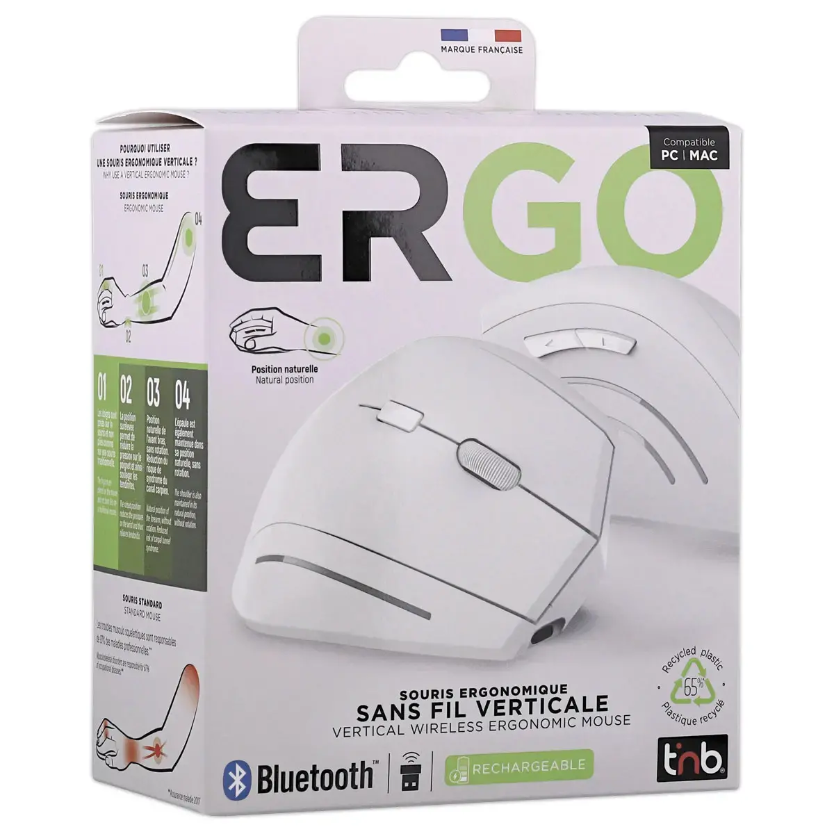 Souris ERGO sans fil - Verticale - Rechargeable - Blanc - T'NB
