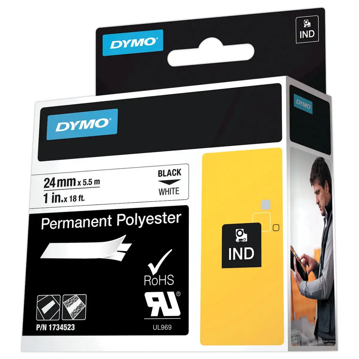 Ruban RHINO DYMO 1734523 - 5,5 m x 24 mm - Texte noir sur fond blanc
