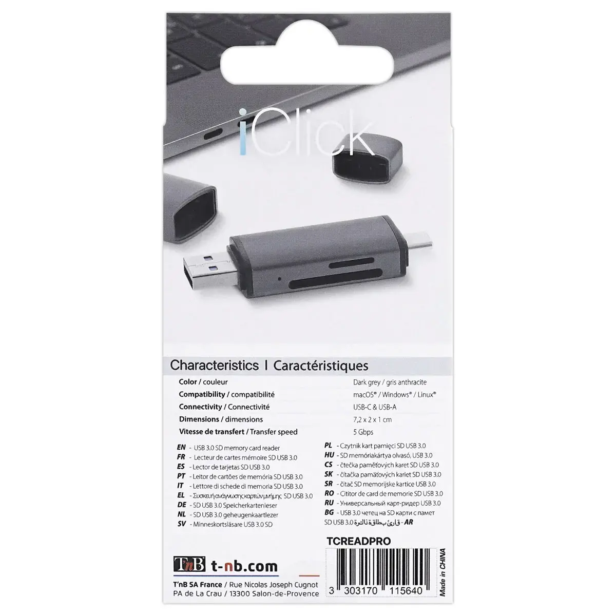 Lecteur Cartes 3 ports USB 3.0 - Aluminium - T'NB