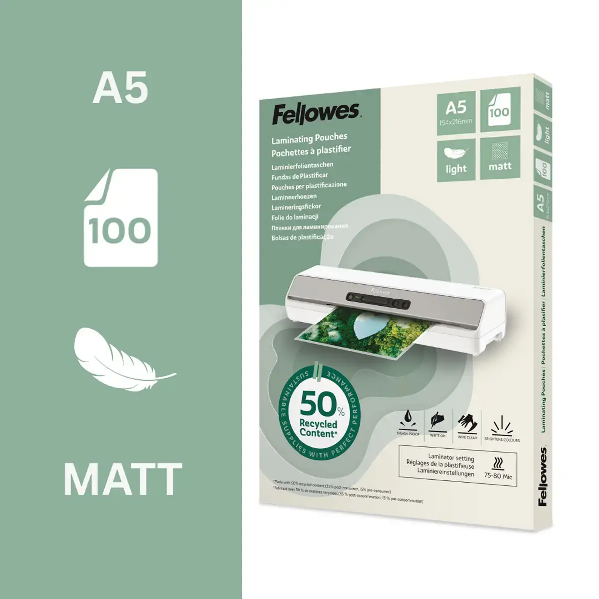 100 Pochettes de plastification mates - A5 - Recycl&eacute;es - Fellowes 