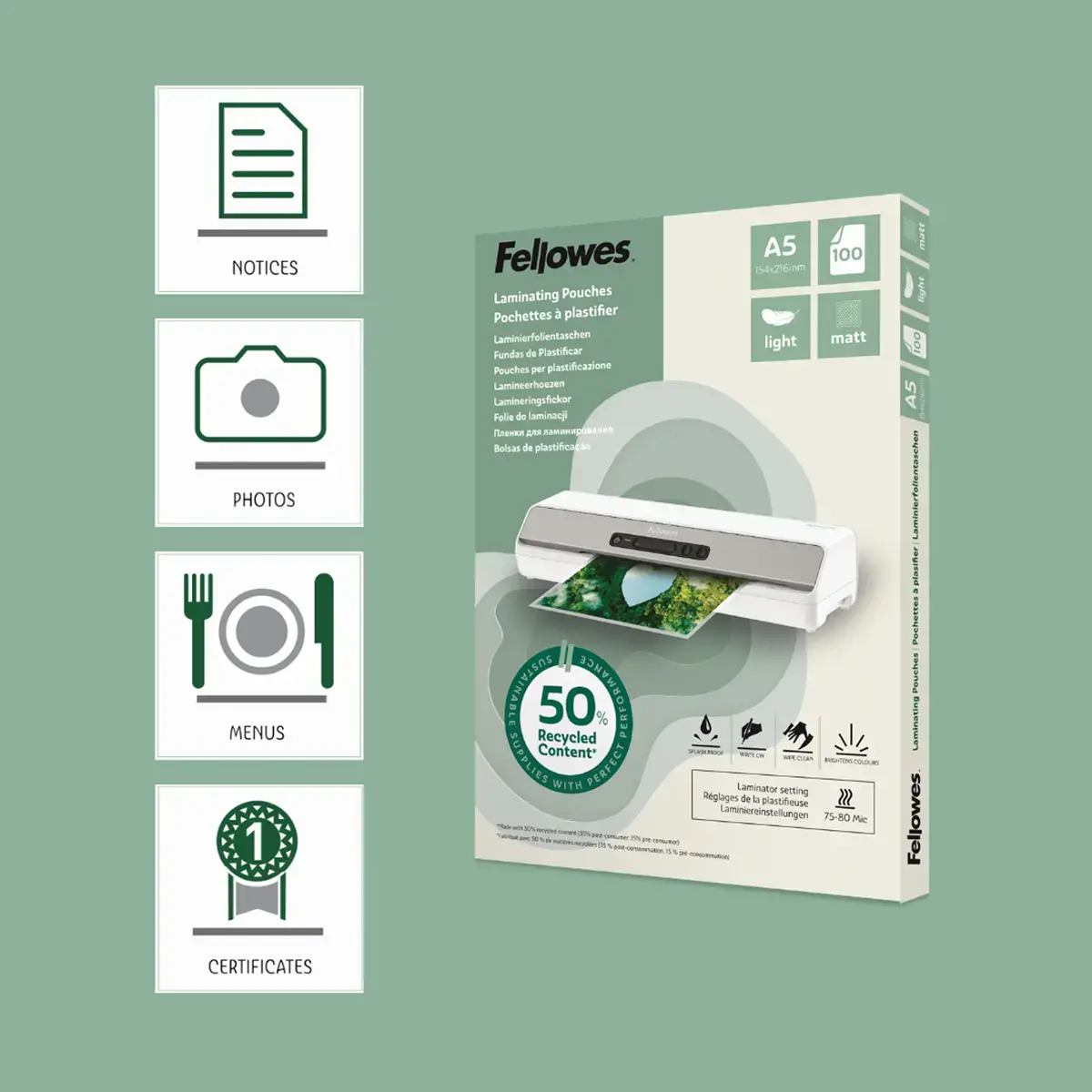 100 Pochettes de plastification mates - A5 - Recycl&eacute;es - Fellowes 