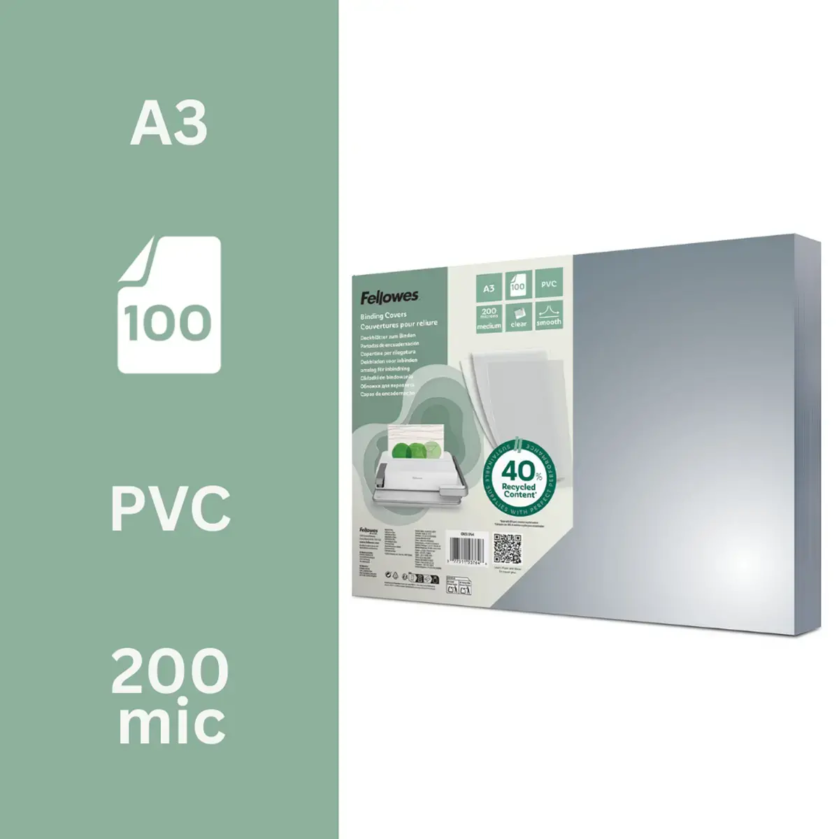 100 Couverture de reliure PVC cristal A3 - 200 microns - FELLOWES