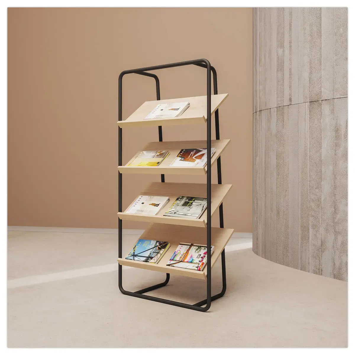 Présentoir de Sol en Acier Noir Mat & 4 Tablettes en bois - MEET