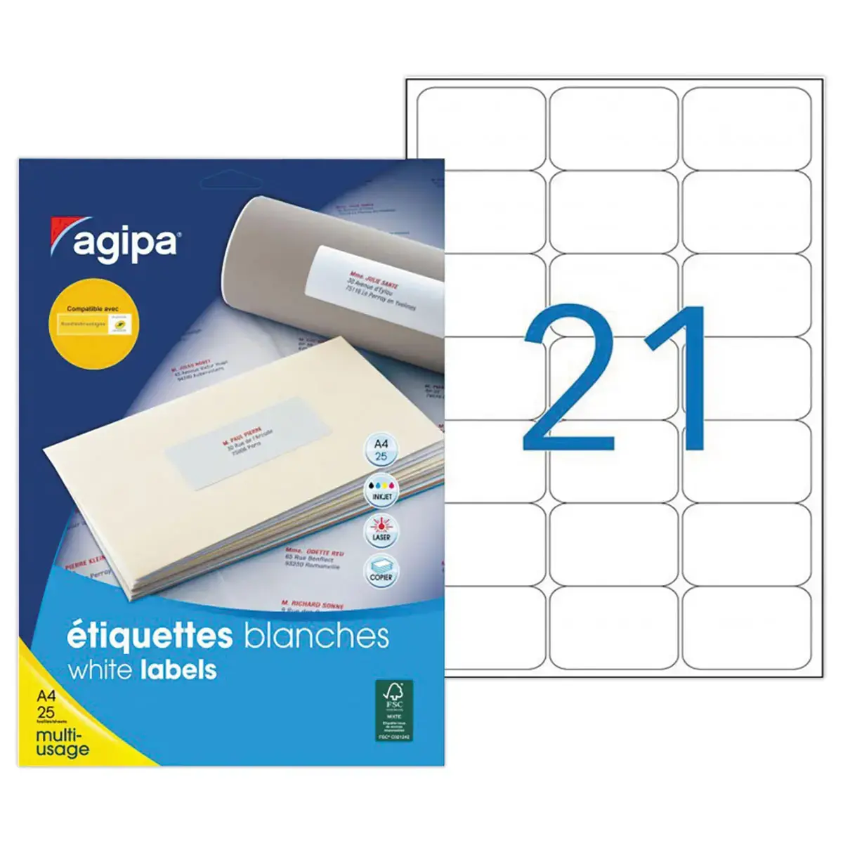 25 Planches d'&eacute;tiquettes 63,5 x 38,1 mm soit 525 &eacute;tiq/bo&icirc;te 