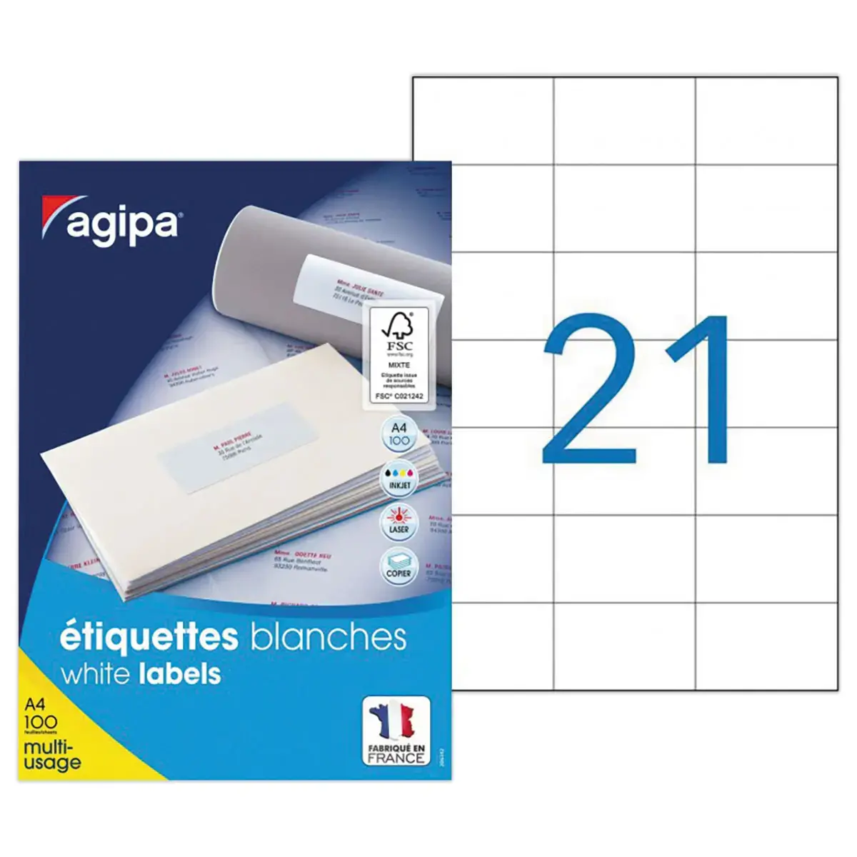100 Boîte 2100 Etiquettes - 70x42,4mm - Blanche - AGIPA