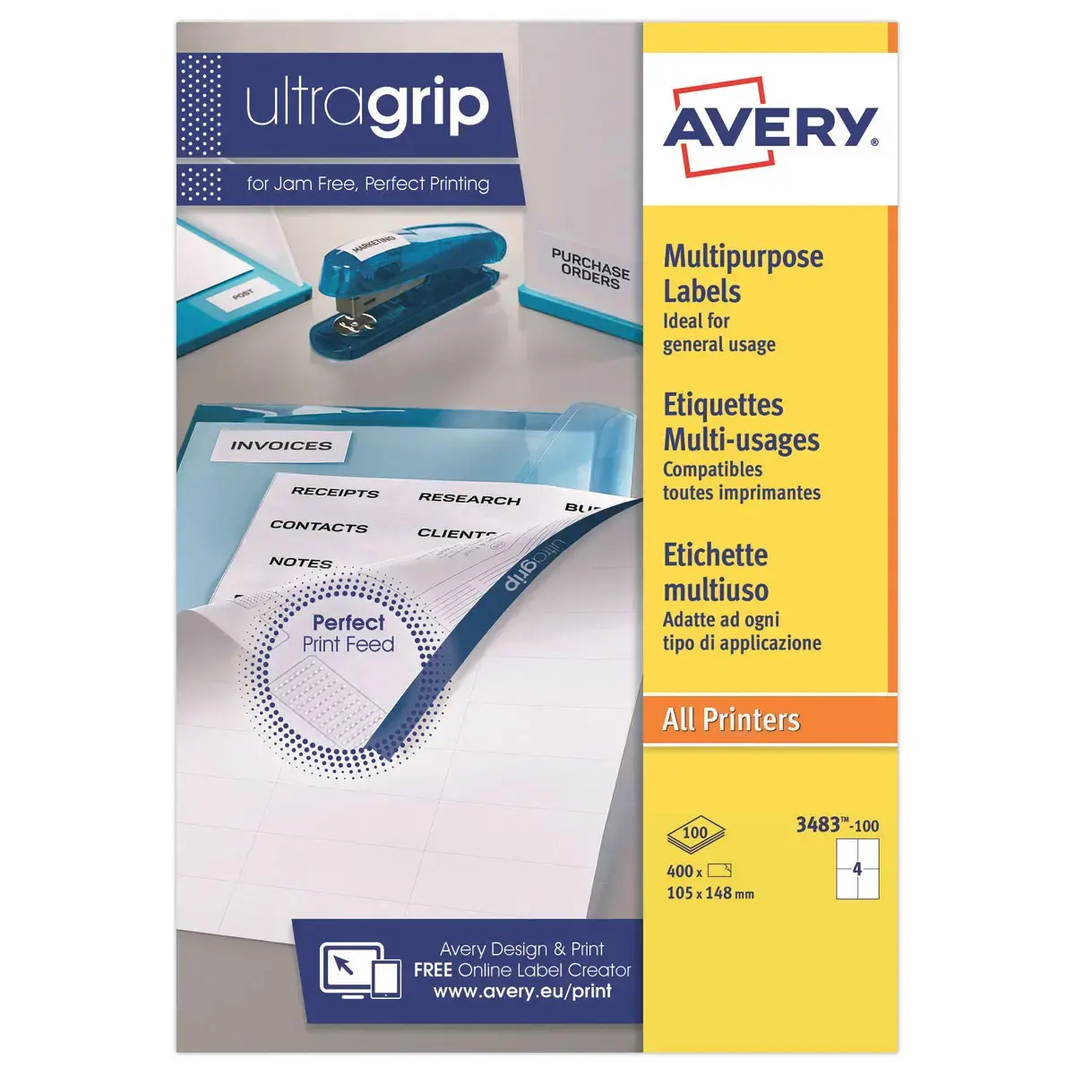 100 Planches d'étiquettes multiusages AVERY 105x148 mm soit 400 étiq/boîte