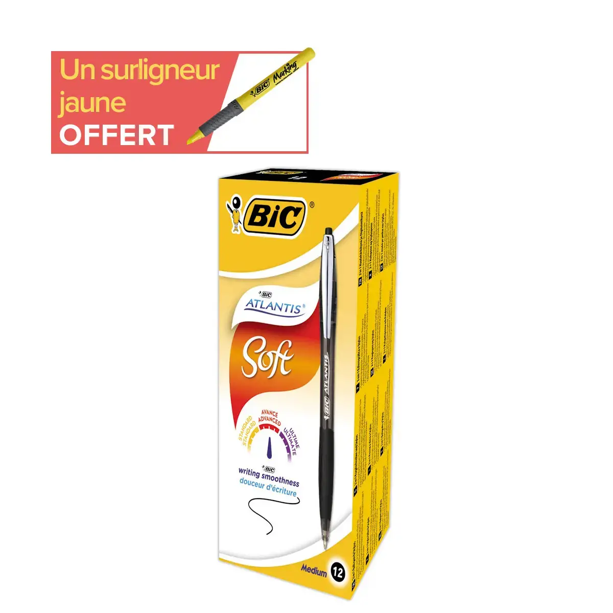 12 Stylos bille Atlantis Soft - Noir + 1 surligneur jaune offert - BIC