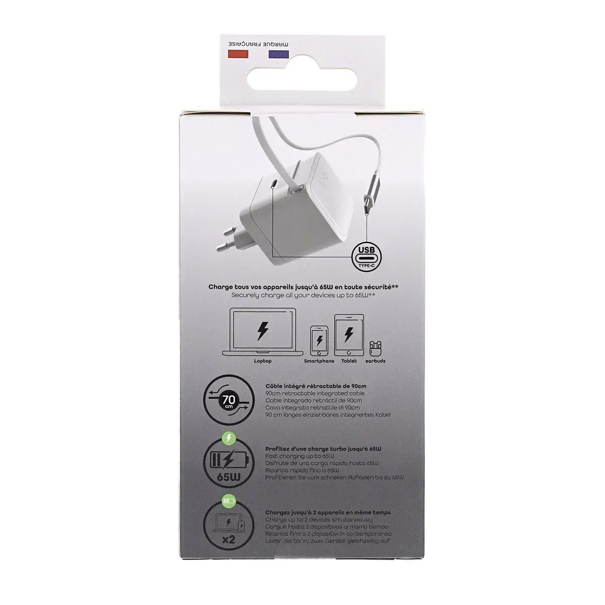 Chargeur GAN 3 USB 65W + câble