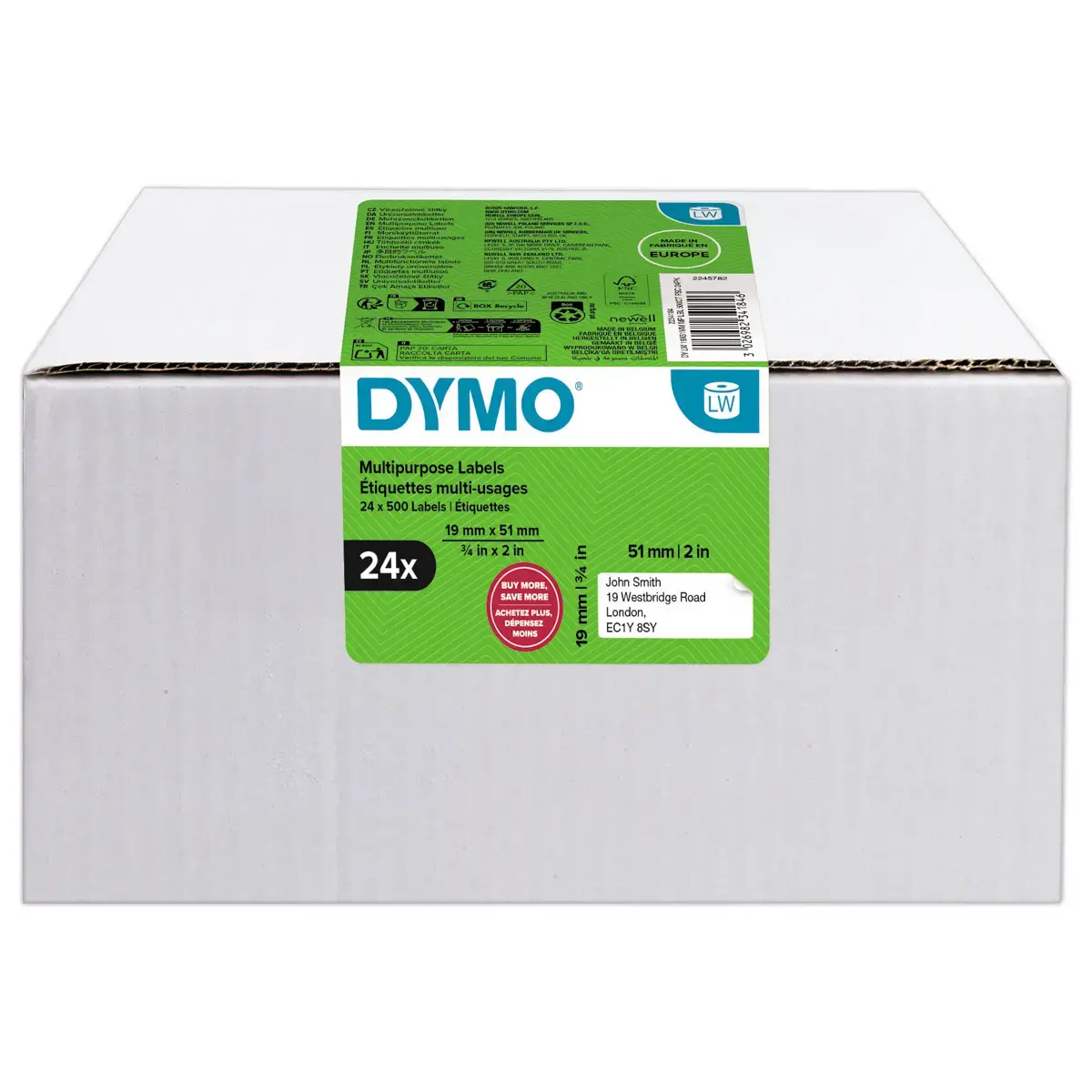 24 rouleaux de 500 &eacute;tiquettes LW 19x51mm - Dymo 