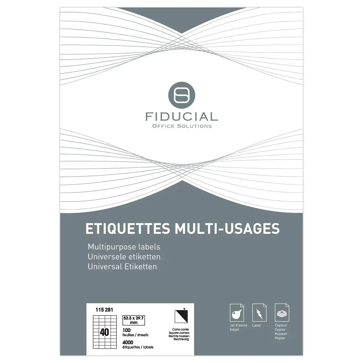 Planches de 40 &eacute;tiquettes &agrave; coins carr&eacute;s - 52,5 x 29,7 mm - FIDUCIAL OFFICE SOLUTIONS 