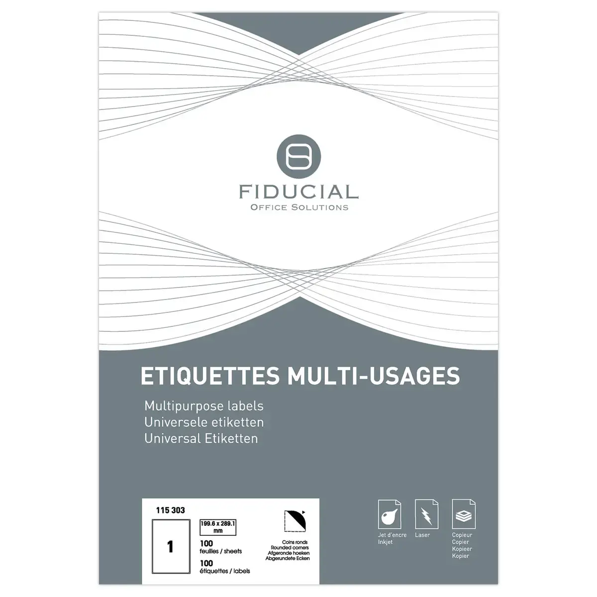 100 Planches d'étiquettes FIDUCIAL coins ronds 199,6x289,1mm 100 étiq/bte