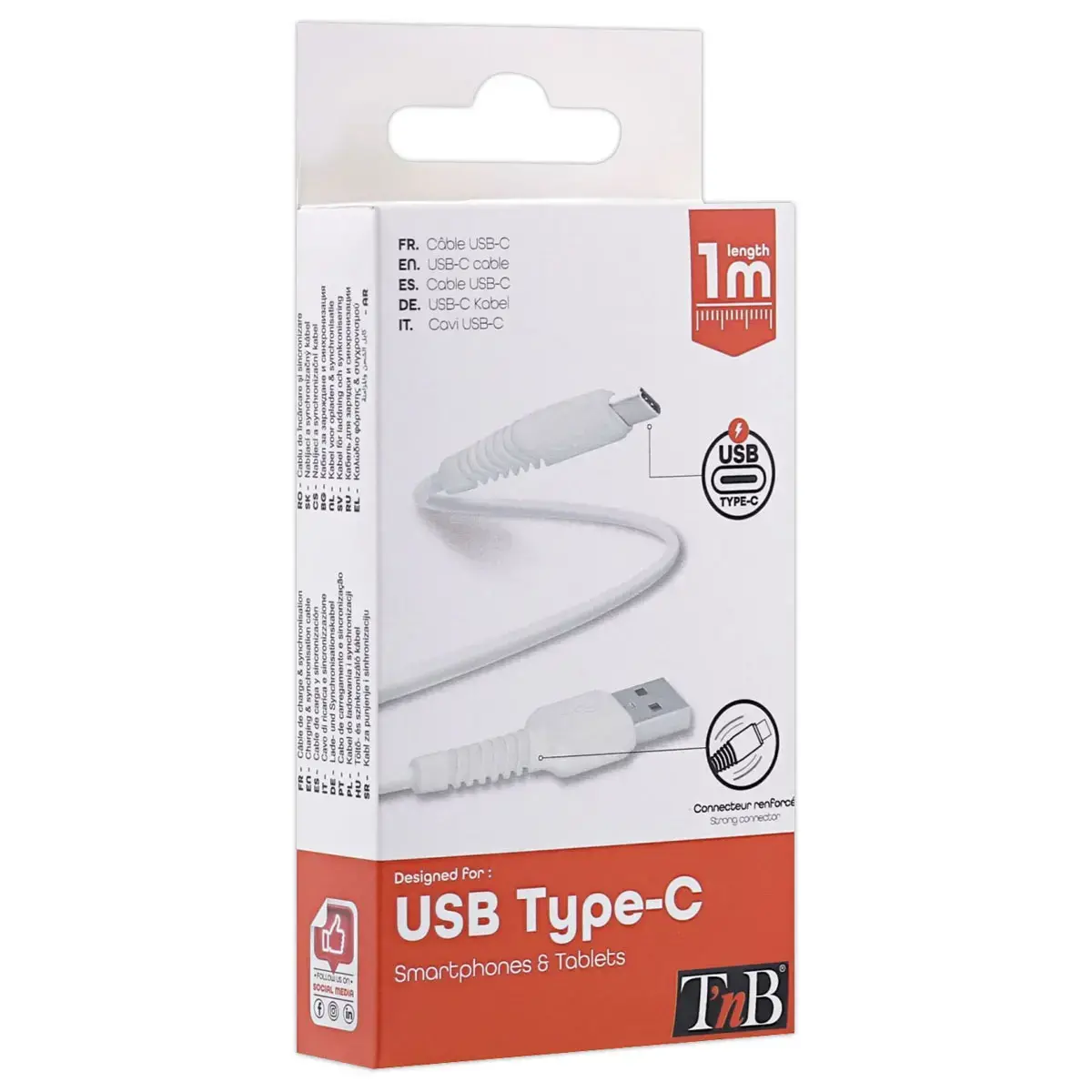 C&acirc;ble USB-C renforc&eacute; - 1m - Blanc - T'nB 