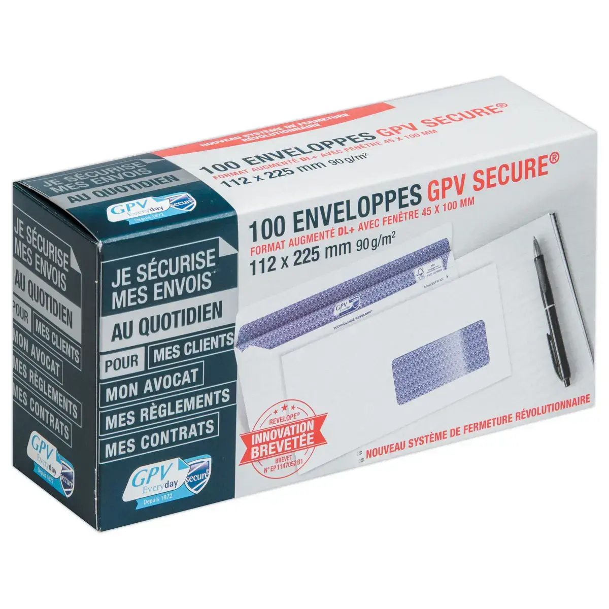 100 Enveloppes Secure blanches - 112x225 mm - Fenêtre 45X100 mm - 90g - GPV