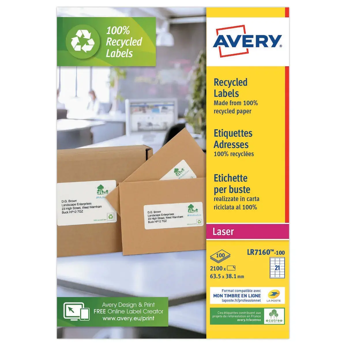 100 Planches d'étiquettes laser AVERY 63,5x38,1 mm soit 2400 étiq/boîte