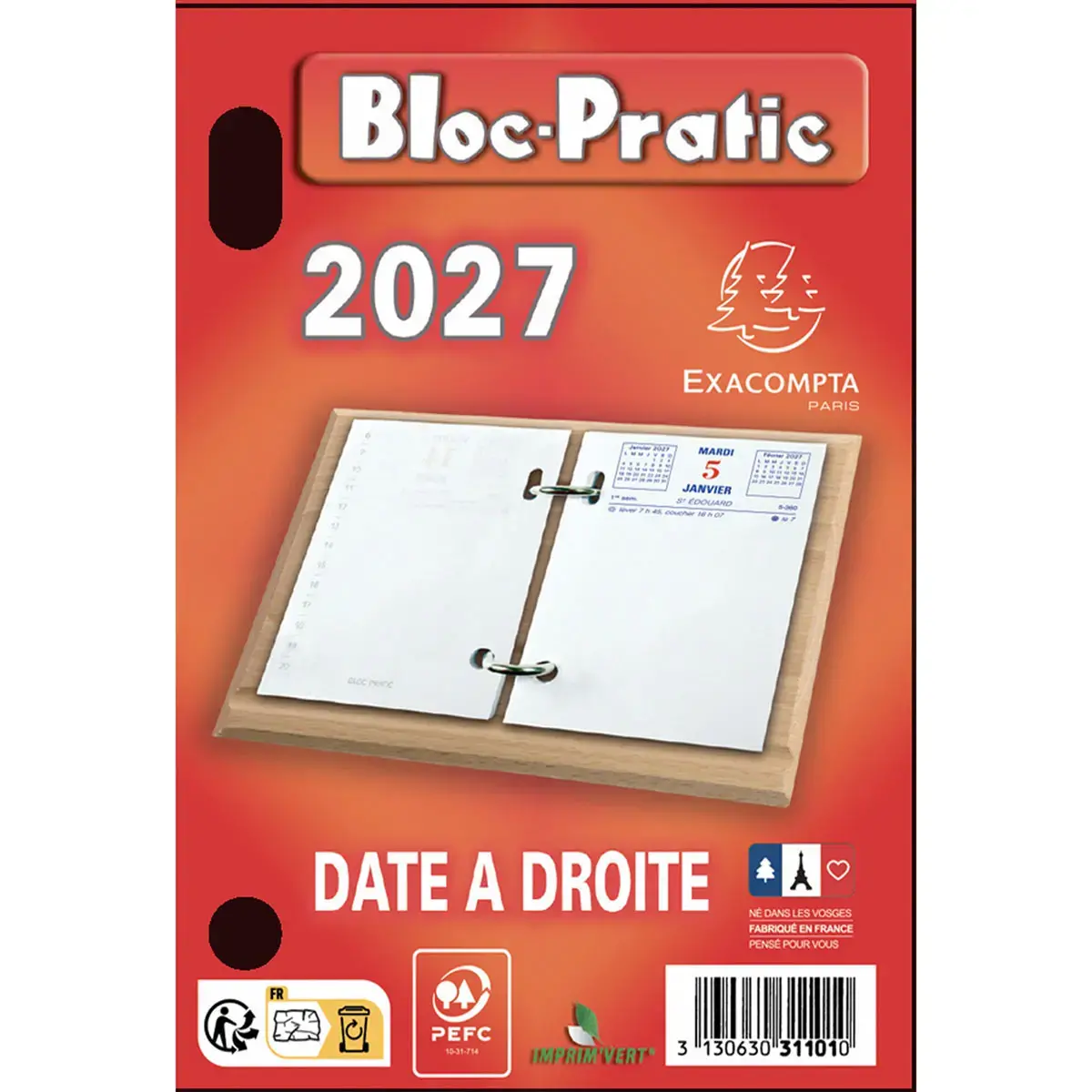 Bloc-&eacute;ph&eacute;m&eacute;ride date &agrave; droite - 8,2 x 12 cm - Janvier &agrave; d&eacute;cembre 