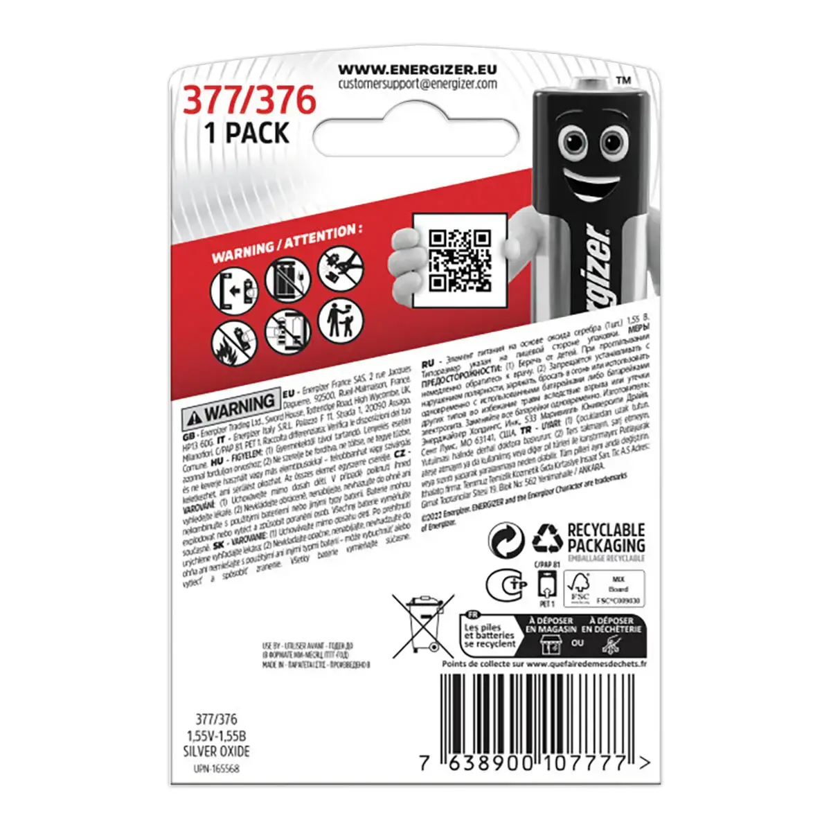 Pile oxyde d'argent 377/376 - 1,55V - ENERGIZER