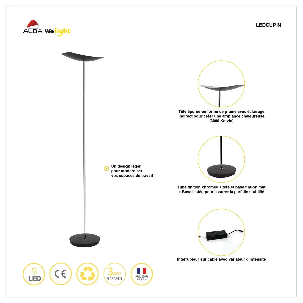 Lampadaire droit LED 30W chromé, avec variateur noir