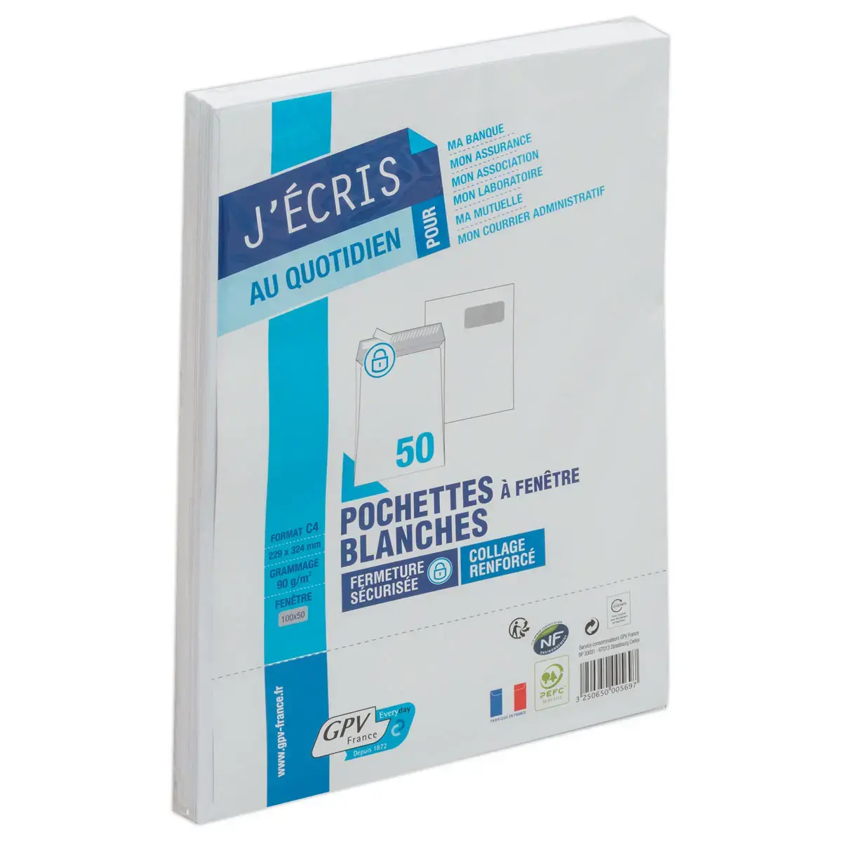 50 Pochettes blanches bande siliconée 229x324 mm avec fenêtre 50x100 90g