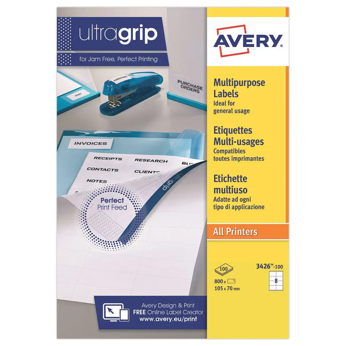 100 Planches d'étiquettes multiusages AVERY 105x70mm soit 800 étiq/boîte