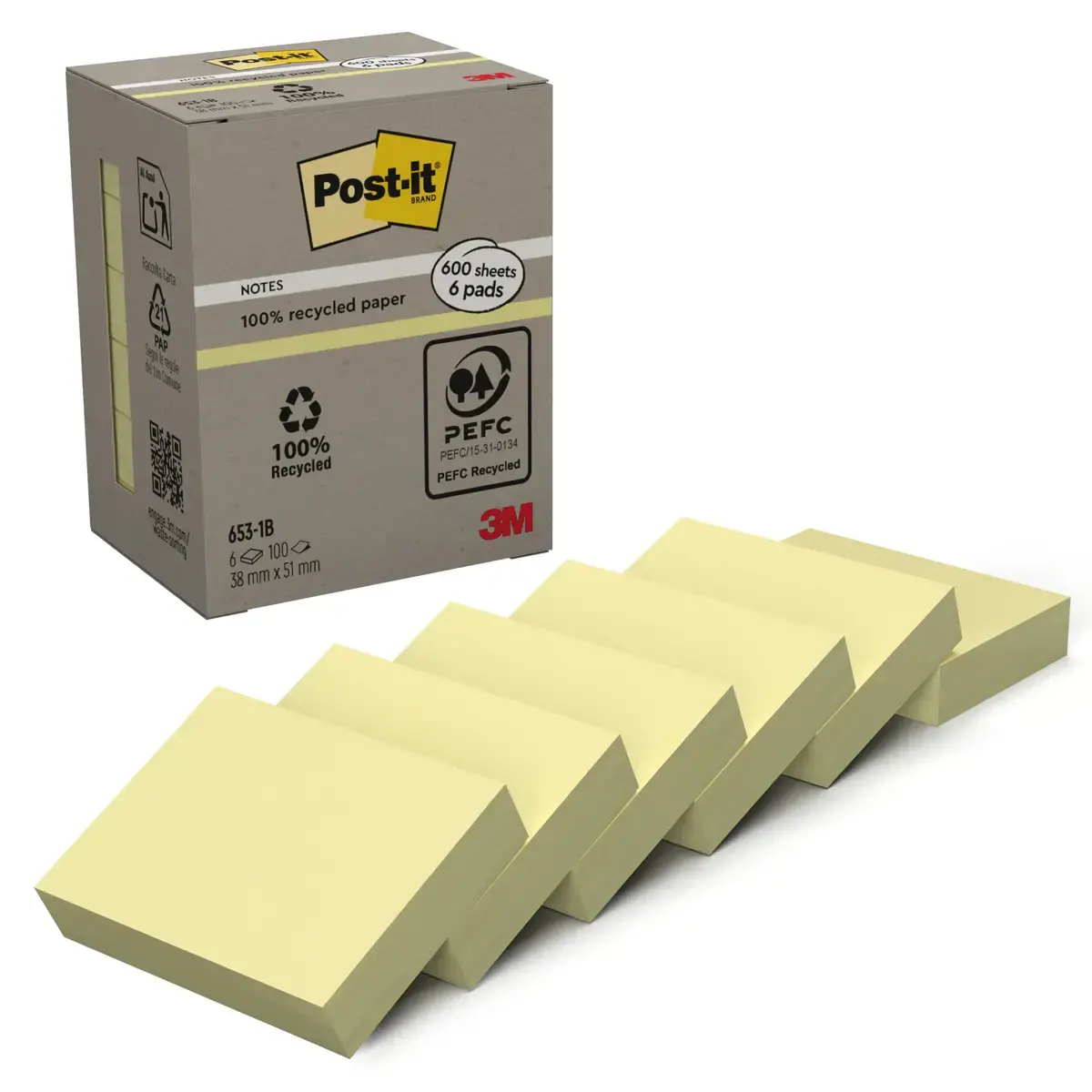 6 Blocs de notes repositionnables recyclées - 3,8 x 5,1 cm - Jaune - POST-IT