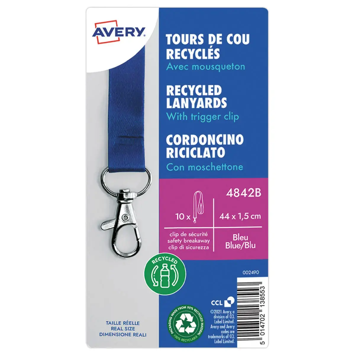 10 Tours de cou recyclés - Avec mousqueton - Bleu - Avery